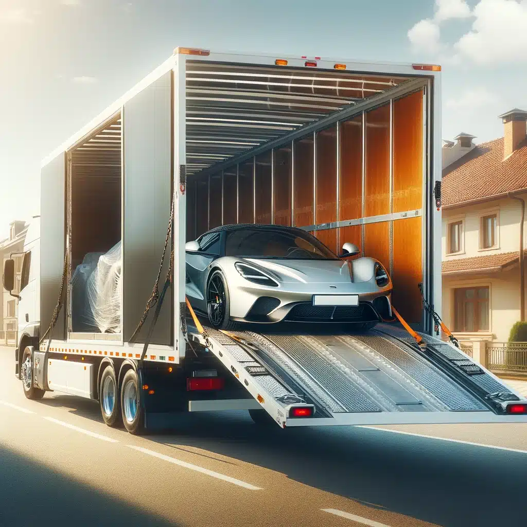 An open car carrier truck transporting multiple vehicles on a highway with mountains and greenery in the background
