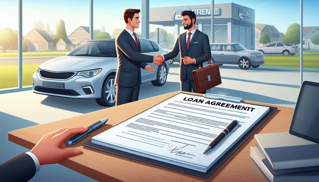 A seller and buyer shaking hands in front of a modern sedan with loan papers on a table.