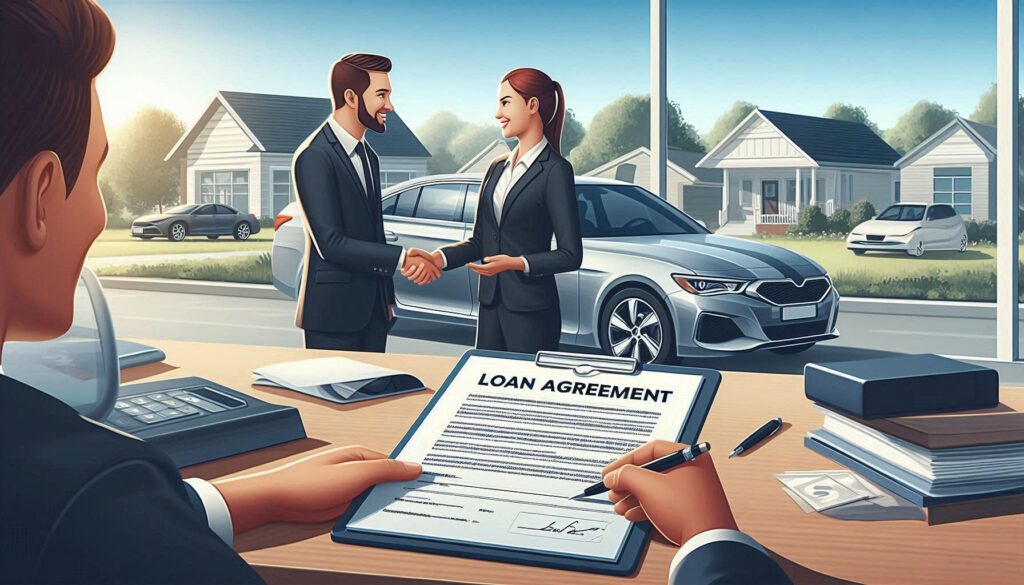 A person selling a car while reviewing loan paperwork with a buyer in a suburban setting.