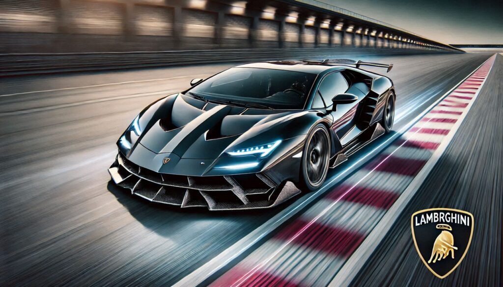 Lamborghini Teremario hybrid supercar on a racetrack, showcasing aggressive design and high-performance capabilities