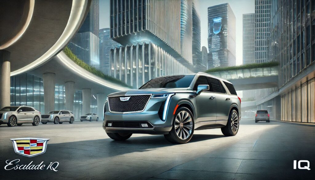Cadillac Escalade IQ luxury electric SUV parked in an upscale urban environment with futuristic features.