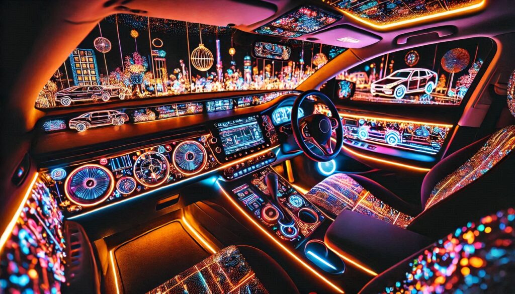 A close-up of a car's footwell illuminated with ambient lighting in various colors.