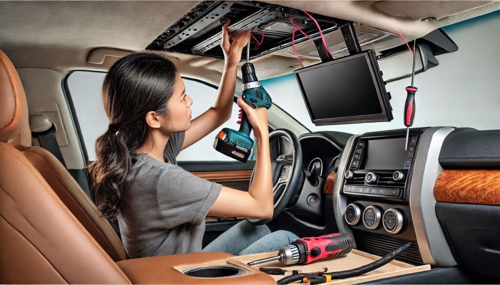  A close-up of hands using a screwdriver to mount the flip-down TV bracket on the car\u2019s roof.