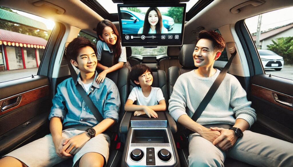 Infographic comparing 10-inch, 12-inch, and 15-inch flip-down TVs installed in car interiors.