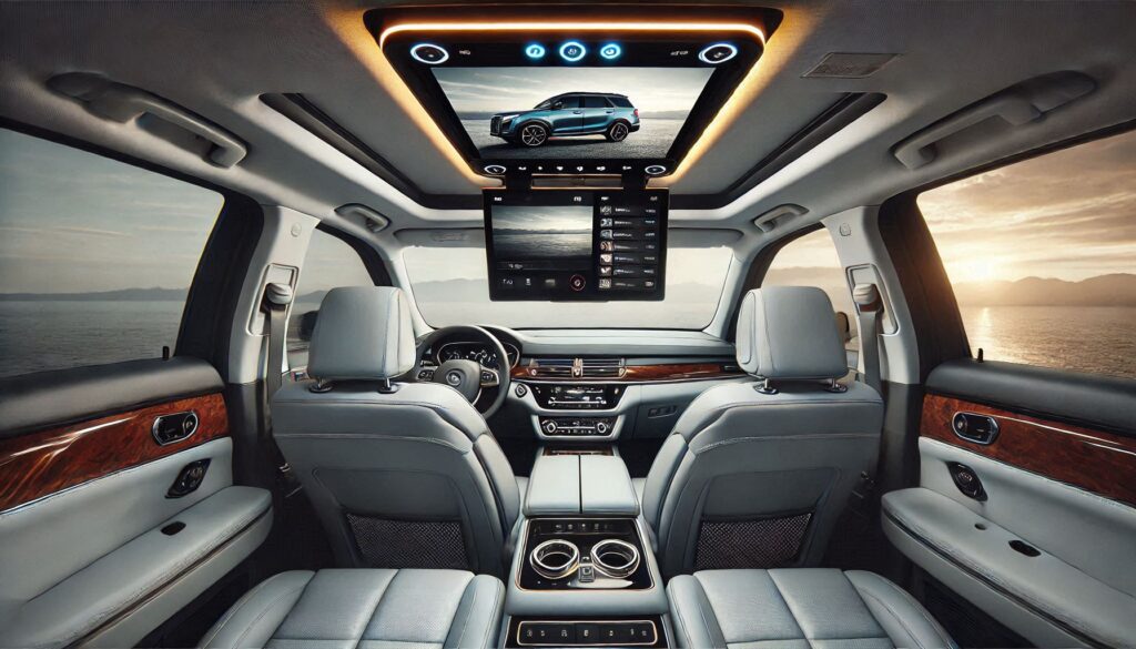 A perfectly installed flip-down TV in a clean car interior, turned on and ready for use.