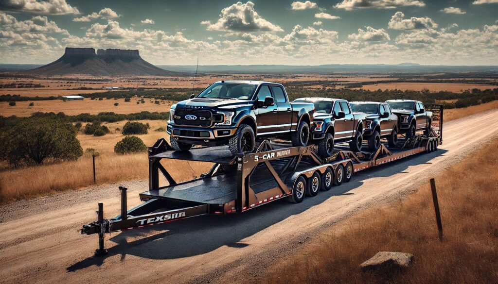 A vehicle being loaded onto a Texas Pride 5 Car Hauler using foldable ramps in a transportation yard