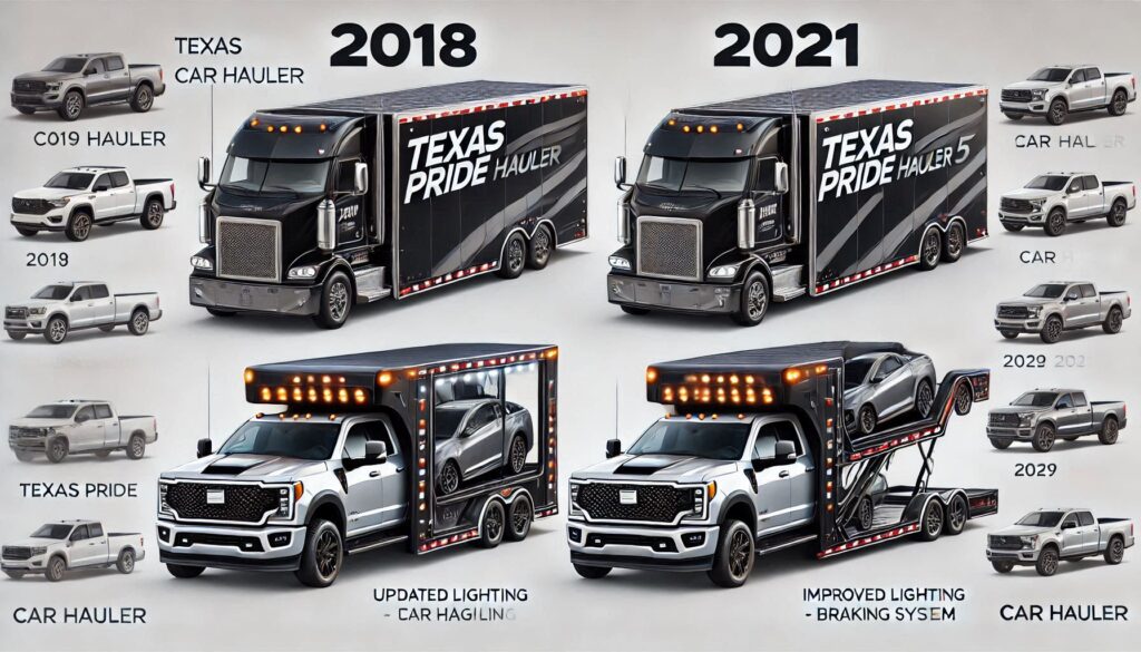 Comparison of the 2018 and 2021 Texas Pride Car Hauler models, showcasing lighting and design upgrades