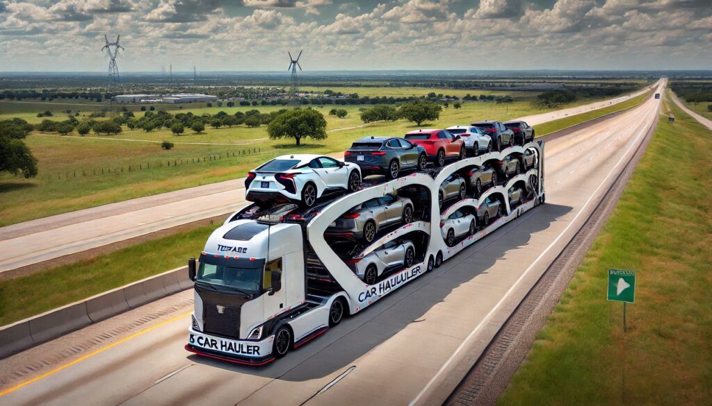 A Texas Car Hauler trailer fully loaded with vehicles traveling on a Texas highway