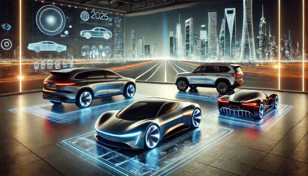 Futuristic lineup of top cars launching in 2025, including sleek electric sports cars, family-friendly SUVs, and luxury hybrid supercars.