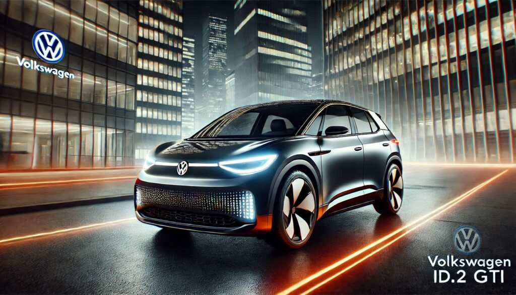 Futuristic Volkswagen ID.2 GTI electric hatchback parked on a city street with sleek design and glowing accents