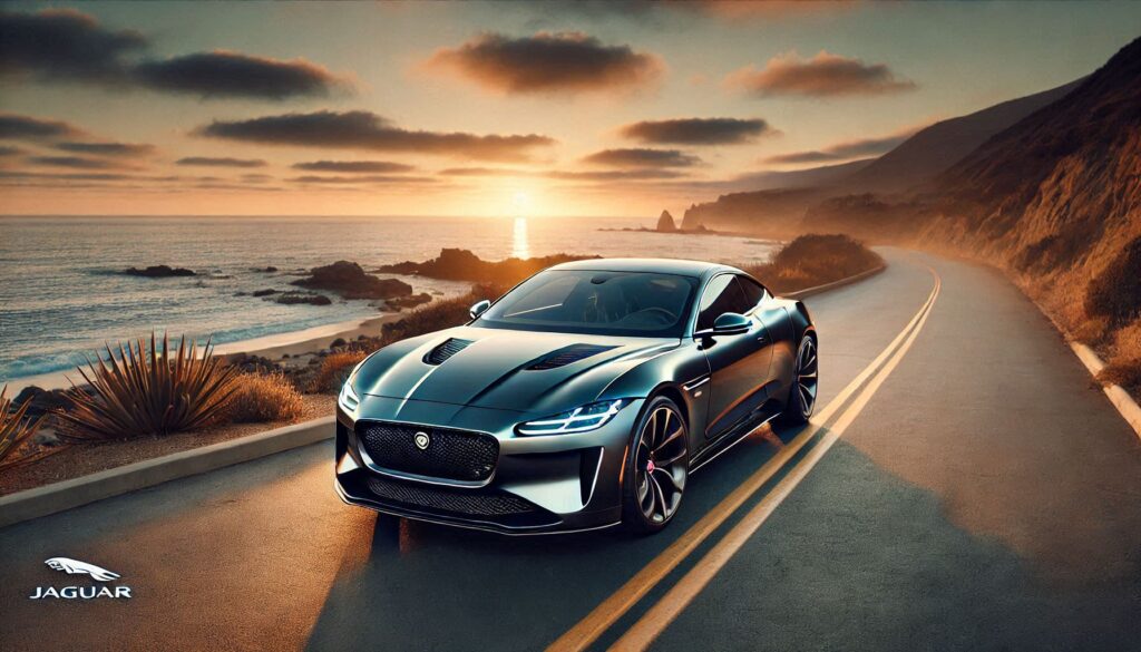 Jaguar GT luxury electric sports car on a coastal road with sleek lines and futuristic design