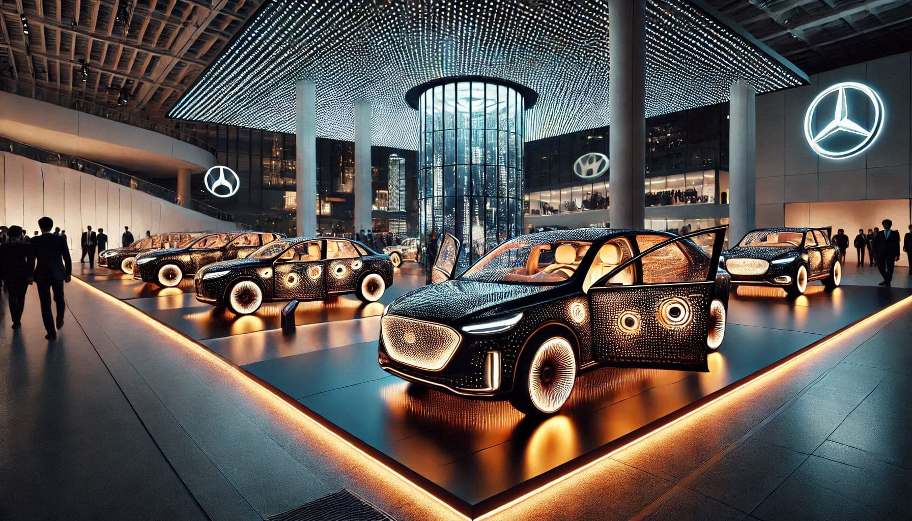 Interior of a luxury car with ambient lighting, glowing LEDs on dashboard and door panels.