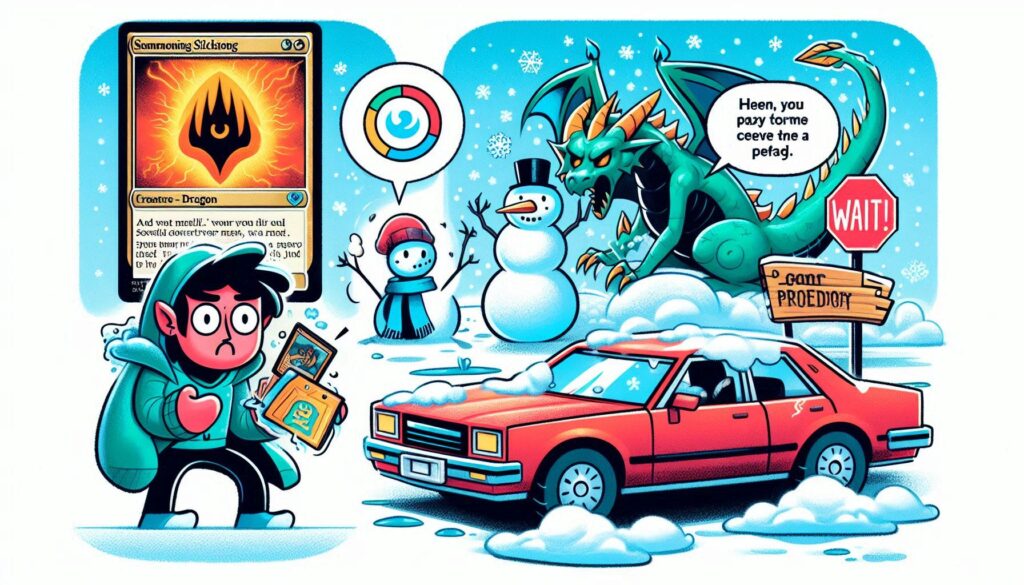 Magic: The Gathering creature card with cooldown aura vs. car warming up in winter humor.