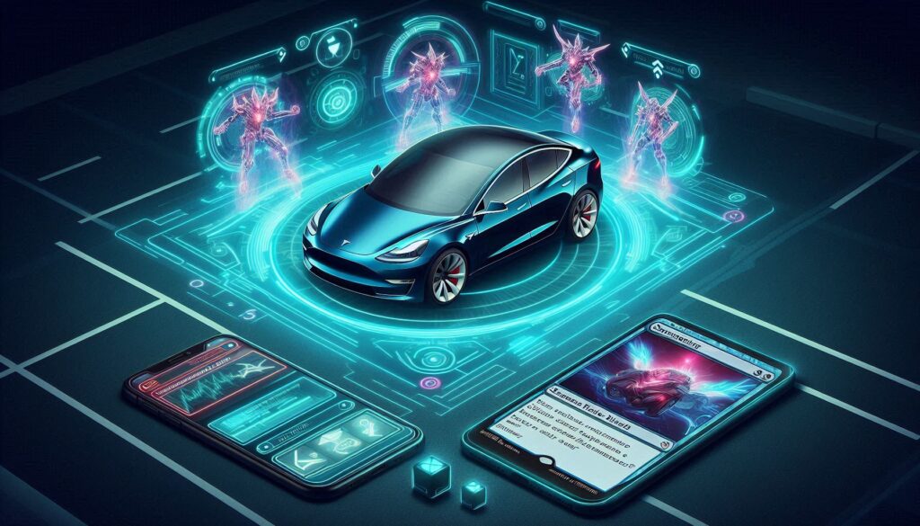 Tesla Model 3 using Summon feature with holographic MTG creature cards and sensor waves