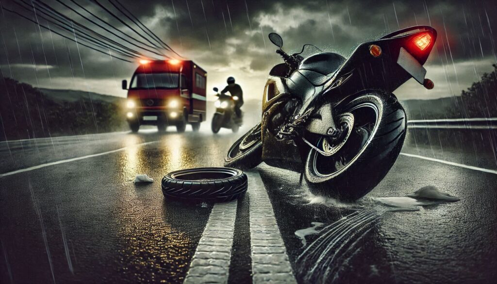 Close-up view of a damaged motorcycle on the road with skid marks.