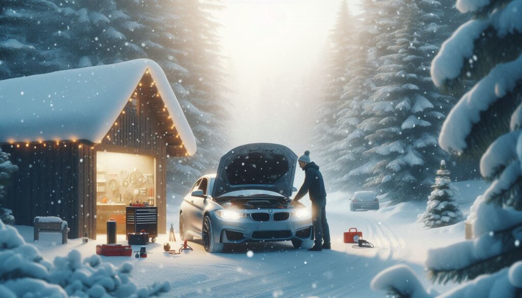 A mechanic inspecting a car's battery in a snowy driveway with tools nearby, emphasizing winter car preparation.