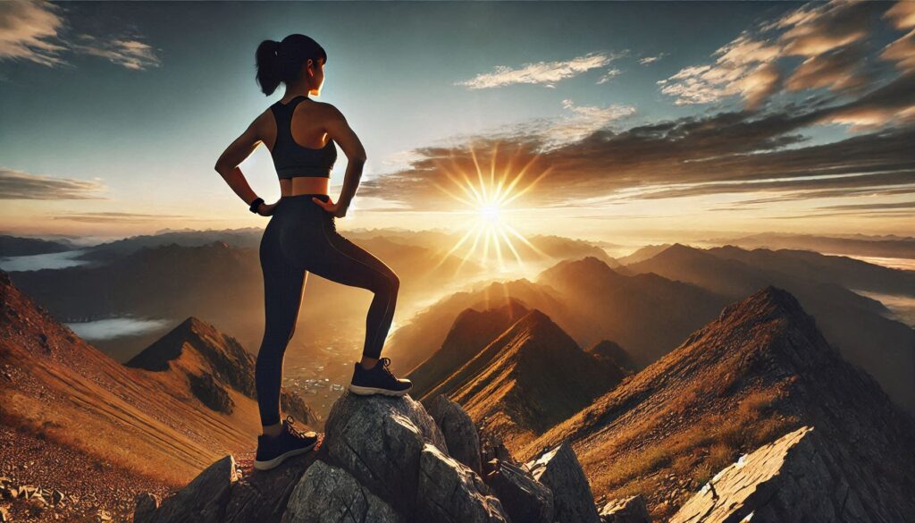 An athletic woman gazing at the vast landscape from a mountain top, radiating empowerment and determination