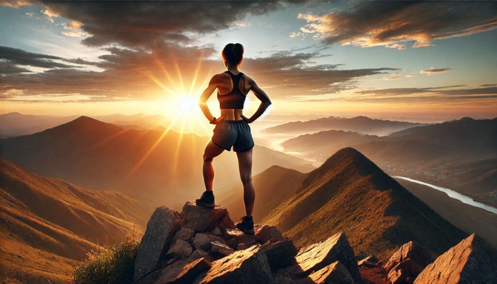 A determined woman standing on a rocky mountain peak at sunrise, symbolizing resilience and hope